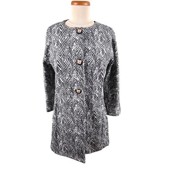 Cabi Coat Women Size Medium Black & White ZigZag Ponte Knit Long Duster Jacket - Picture 1 of 11
